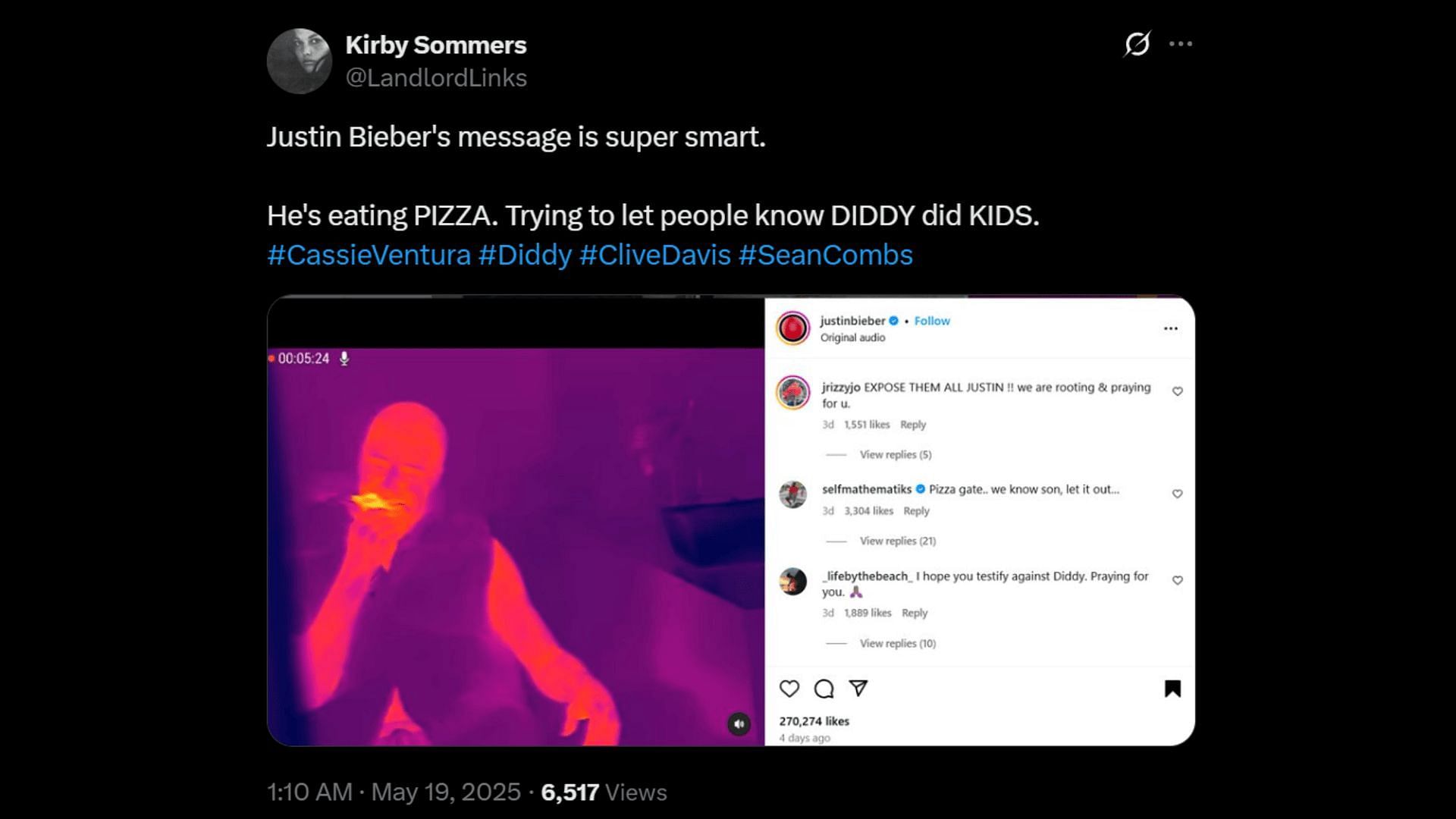 Justin Bieber posted a pizza-eating video last week. (Image via X)